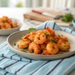 Plate of cooked bang bang shrimp with herbs
