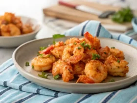 Plate of cooked bang bang shrimp with herbs