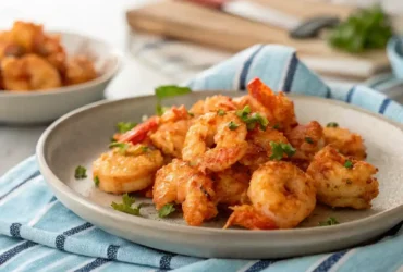 Plate of cooked bang bang shrimp with herbs