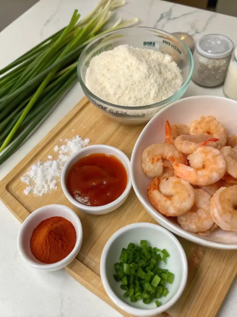 Ingredients for bang bang shrimp: shrimp, flour, sauces, green onions