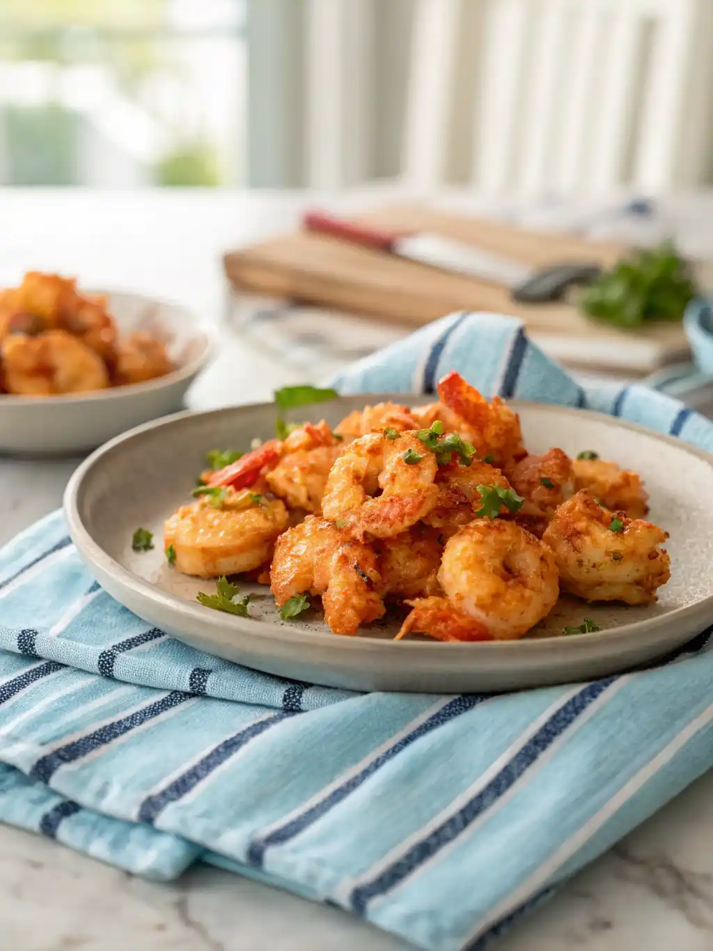Plate of cooked bang bang shrimp with herbs