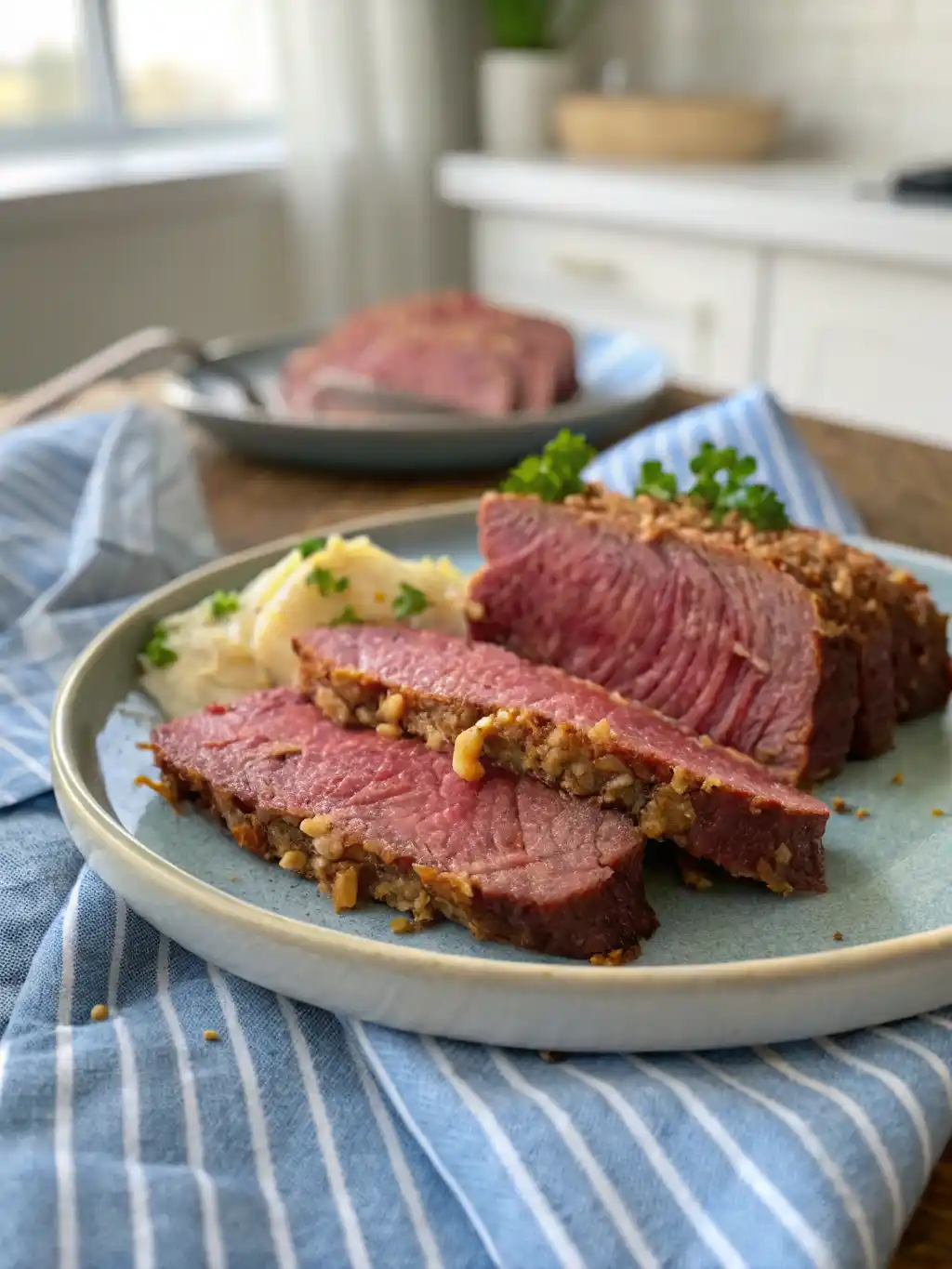 Air Fryer Corned Beef slices on plate