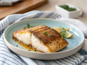 Golden-brown Air Fryer Halibut fillet served with lemon wedges on a plate.