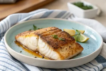 Golden-brown Air Fryer Halibut fillet served with lemon wedges on a plate.
