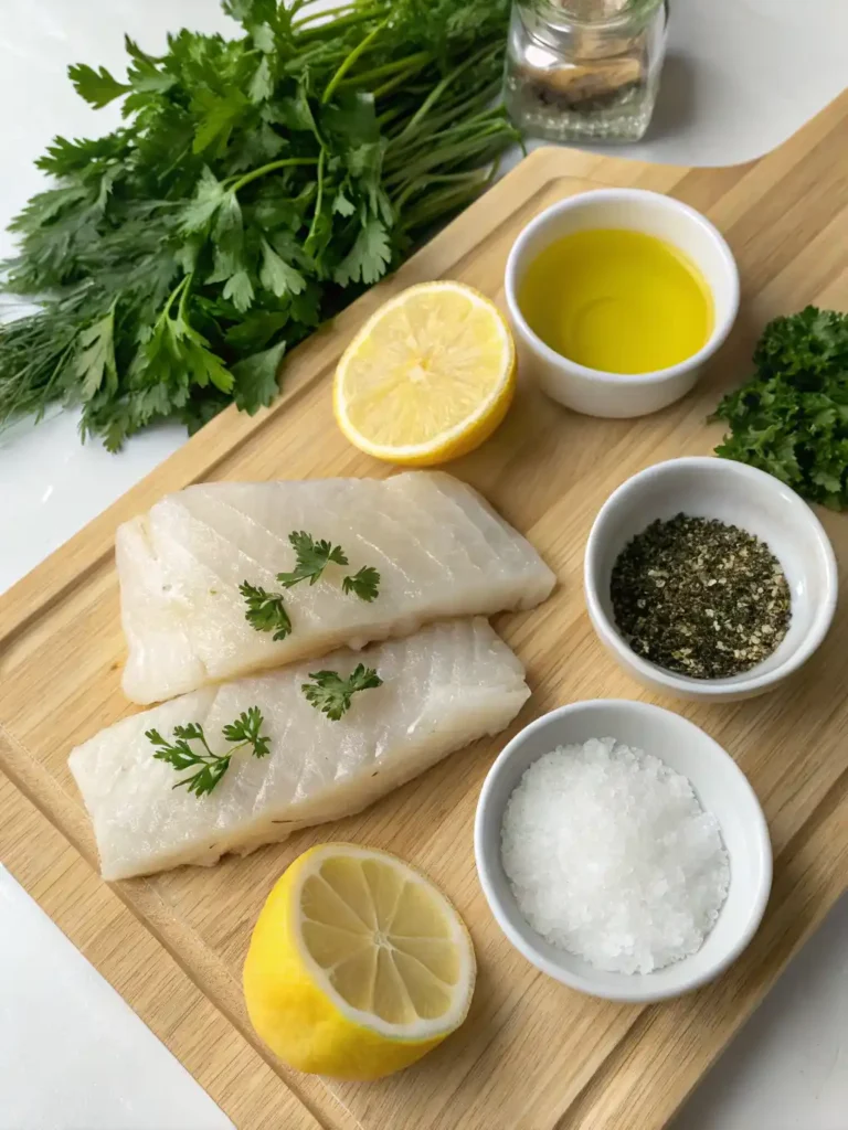 Fresh ingredients for Air Fryer Halibut, including halibut fillets, lemon, herbs, and olive oil simple and flavorful prep