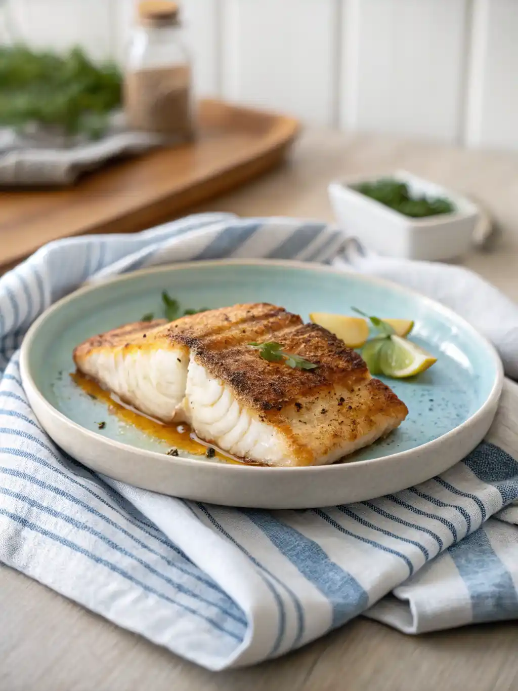 Golden-brown Air Fryer Halibut fillet served with lemon wedges on a plate.