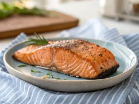 Juicy salmon steak on a plate, cooked in the air fryer and garnished with herbs.