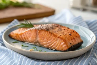 Juicy salmon steak on a plate, cooked in the air fryer and garnished with herbs.