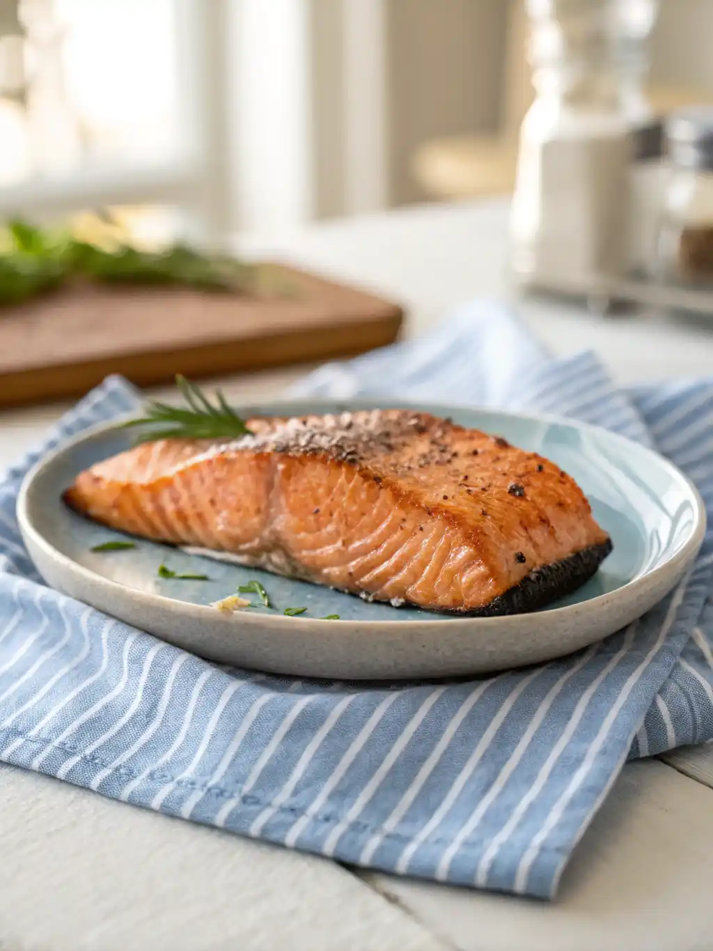 Juicy salmon steak on a plate, cooked in the air fryer and garnished with herbs.