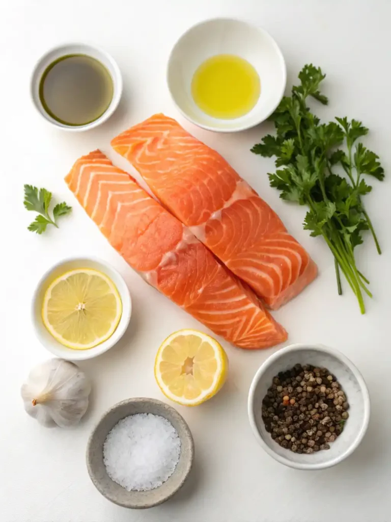 Raw salmon fillets with lemon, garlic, olive oil, salt, pepper, and parsley on a white background.