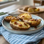 Air-fryer baked potato skins on a plate, crispy and golden with melted cheese and bacon