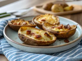 Air-fryer baked potato skins on a plate, crispy and golden with melted cheese and bacon