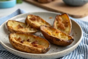 Air-fryer baked potato skins on a plate, crispy and golden with melted cheese and bacon