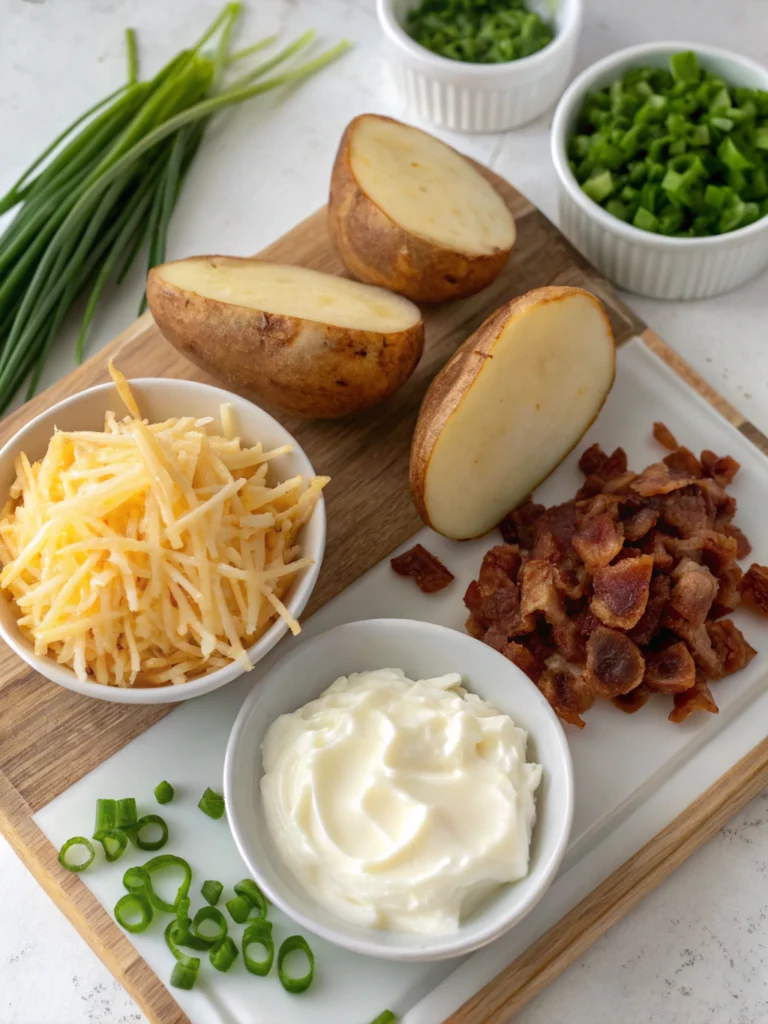 Ingredients for air-fryer baked potato skins on a cutting board: potatoes, shredded cheese, bacon, sour cream, and chopped green onions