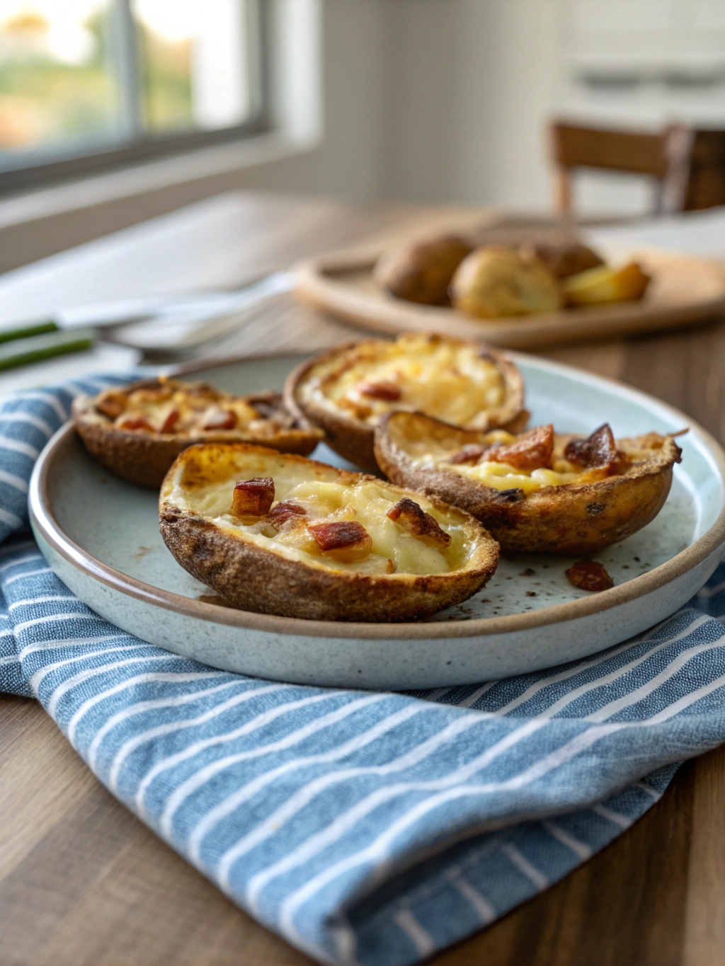 Air-fryer baked potato skins on a plate, crispy and golden with melted cheese and bacon