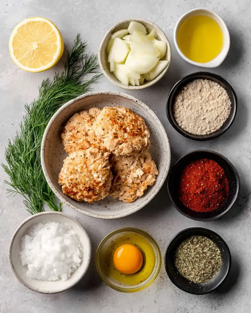 Flat lay of ingredients for air fryer chicken patties, including ground chicken, egg, onion, lemon, olive oil, breadcrumbs, herbs, and spices on a gray surface