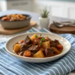 Air Fryer beef stew with chunks of beef, carrots, and potatoes in a bowl.
