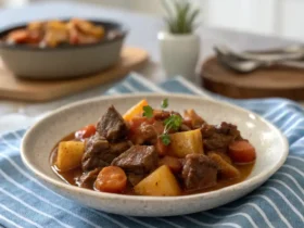 Air Fryer beef stew with chunks of beef, carrots, and potatoes in a bowl.