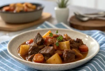Air Fryer beef stew with chunks of beef, carrots, and potatoes in a bowl.
