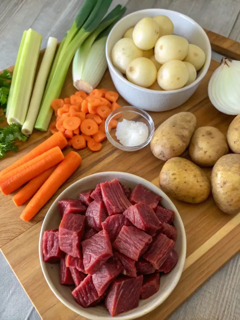 Chopped beef, potatoes, carrots, celery, onion, and herbs prepared for Air Fryer Beef Stew.