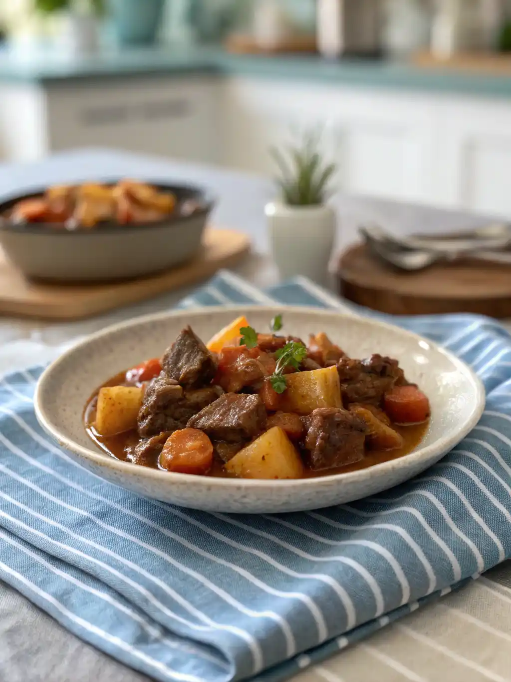 Air Fryer beef stew with chunks of beef, carrots, and potatoes in a bowl.