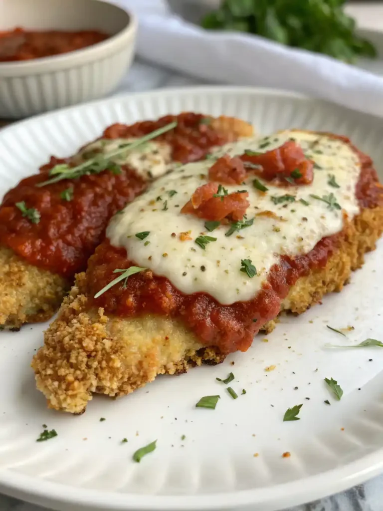 Air Fryer Chicken Parmesan No Breading topped with marinara and melted mozzarella on a white plate.