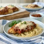 Air Fryer Chicken Parmesan No Breading served over spaghetti with fresh basil and shredded cheese