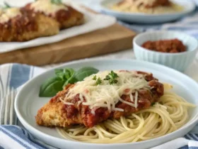 Air Fryer Chicken Parmesan No Breading served over spaghetti with fresh basil and shredded cheese