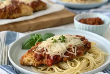 Air Fryer Chicken Parmesan No Breading served over spaghetti with fresh basil and shredded cheese