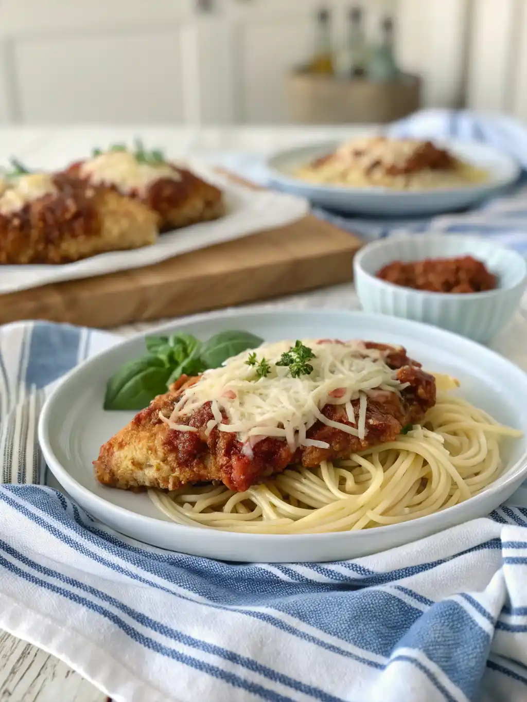Air Fryer Chicken Parmesan No Breading served over spaghetti with fresh basil and shredded cheese