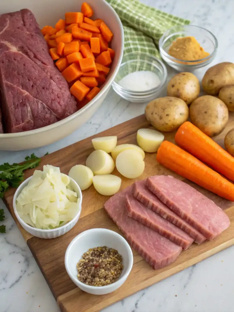 Air fryer corned beef ingredients on board