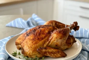 Crispy and golden Air Fryer Half Chicken on a plate with fresh herbs.