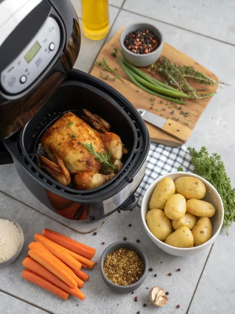 Air Fryer Half Chicken cooking in the basket surrounded by fresh ingredients like carrots, potatoes, herbs, and spices.