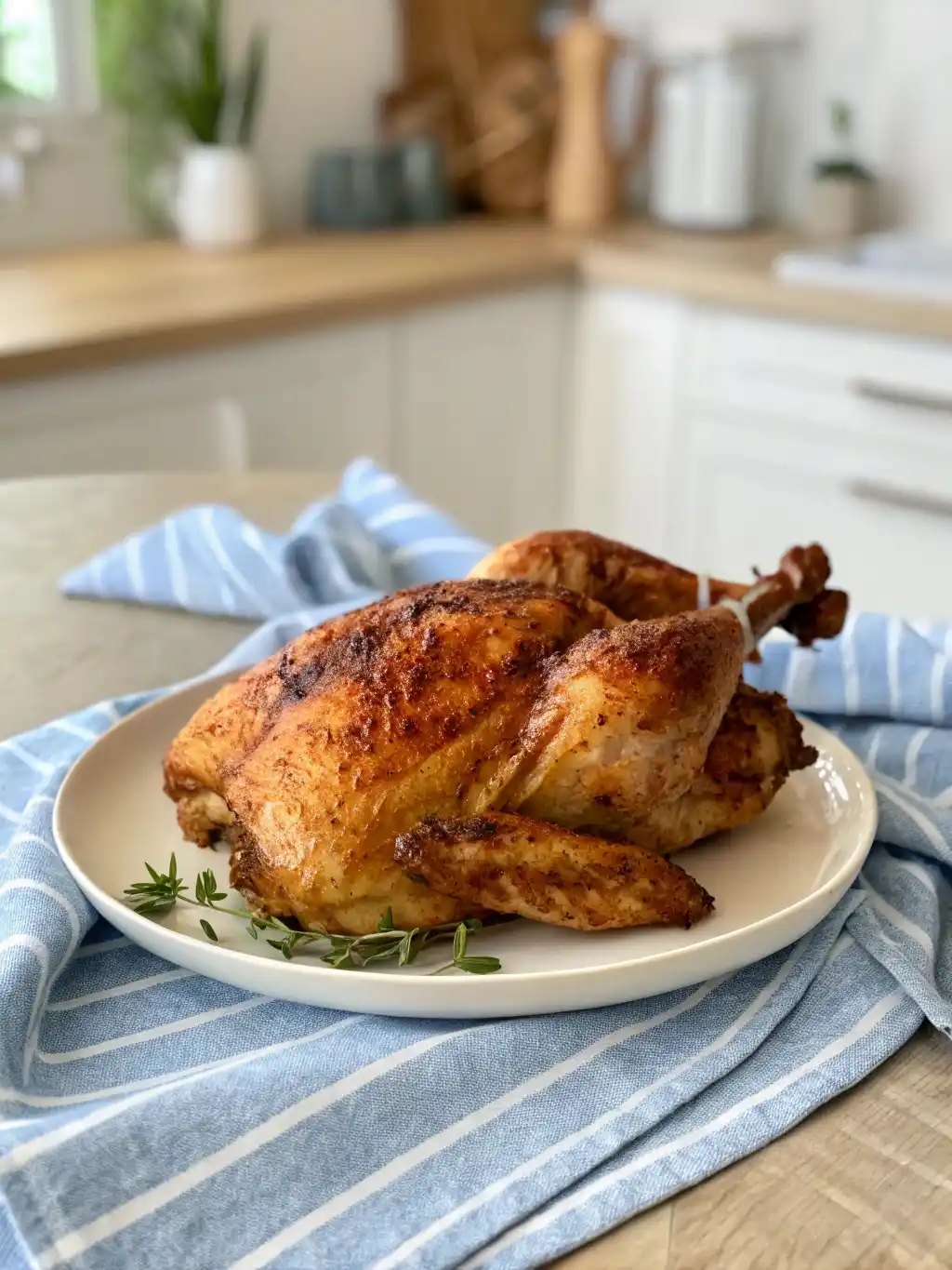 Crispy and golden Air Fryer Half Chicken on a plate with fresh herbs.