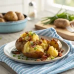 Air Fryer smashed potatoes topped with bacon and herbs on a plate.