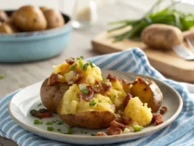 Air Fryer smashed potatoes topped with bacon and herbs on a plate.