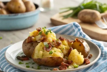 Air Fryer smashed potatoes topped with bacon and herbs on a plate.