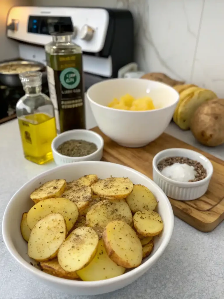 Sliced potatoes in a bowl with olive oil, herbs, and seasonings ready for Air Fryer Smashed Potatoes.
