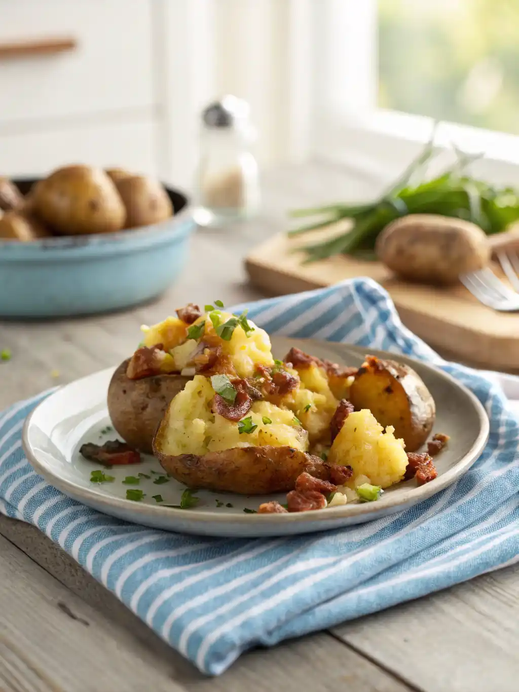 Air Fryer smashed potatoes topped with bacon and herbs on a plate.