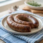 Beef sausages cooked in an air fryer on a plate.