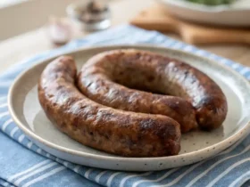 Beef sausages cooked in an air fryer on a plate.