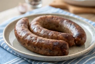 Beef sausages cooked in an air fryer on a plate.