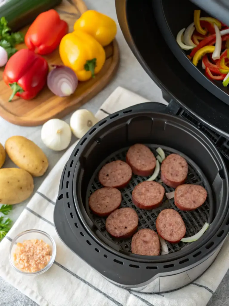 Beef sausage slices in air fryer with bell peppers, onions, and potatoes