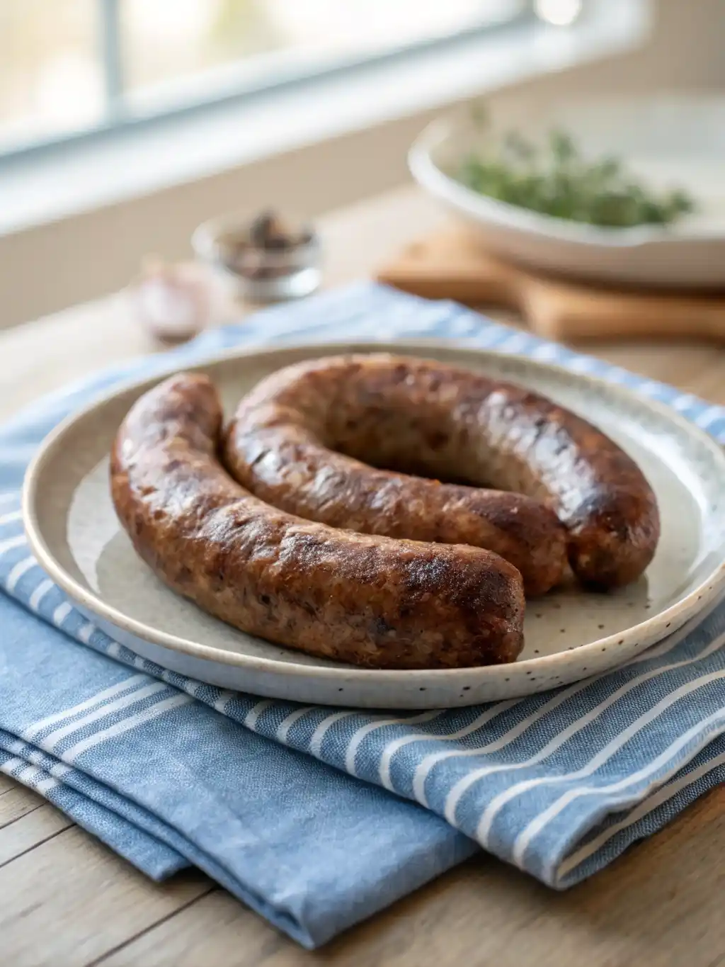 Beef sausages cooked in an air fryer on a plate.