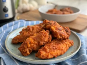 Buffalo chicken tenders cooked in the air fryer, served on a plate with a crispy, golden coating.