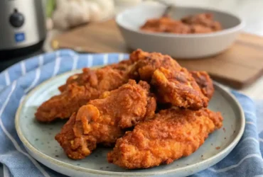 Buffalo chicken tenders cooked in the air fryer, served on a plate with a crispy, golden coating.