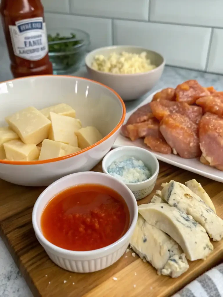 Buffalo Chicken Tenders Air Fryer 26 Ingredients for Buffalo chicken tenders air fryer recipe: raw chicken, hot sauce, blue cheese, shredded cheese, and seasonings on a wooden board.