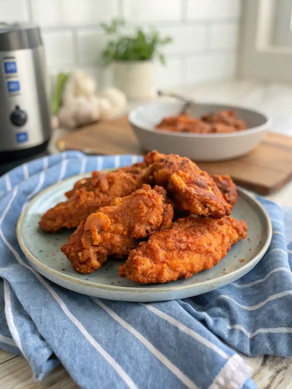 Buffalo Chicken Tenders Air Fryer 27 Buffalo chicken tenders cooked in the air fryer, served on a plate with a crispy, golden coating.