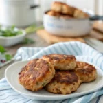 Golden brown chicken patties cooked in an air fryer, served on a white plate over a striped kitchen towel.