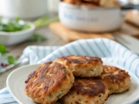 Golden brown chicken patties cooked in an air fryer, served on a white plate over a striped kitchen towel.